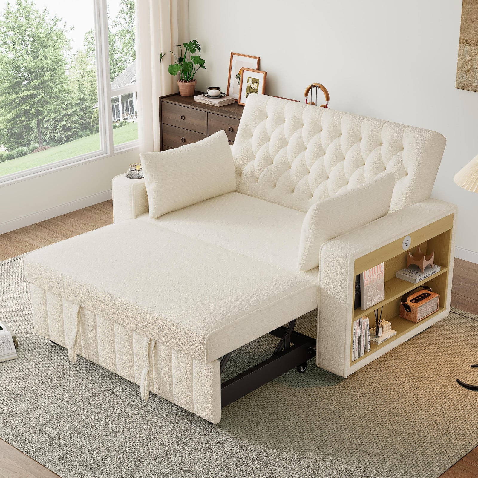 Fortuna Lai Multifunctionele Slaapbank met Opbergruimte, USB-oplaadpoort en Bekerhouders, Beige
