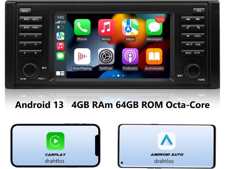 GABITECH 7 Zoll Android 13 Autoradio für BMW 5 Serie E39 E53 X5/M5 CARPLAY Autoradio (FM / AM-Radio, RDS, DAB+ Optional, Kabellos Apple Carplay und Android Auto, Sprachsteuerung)