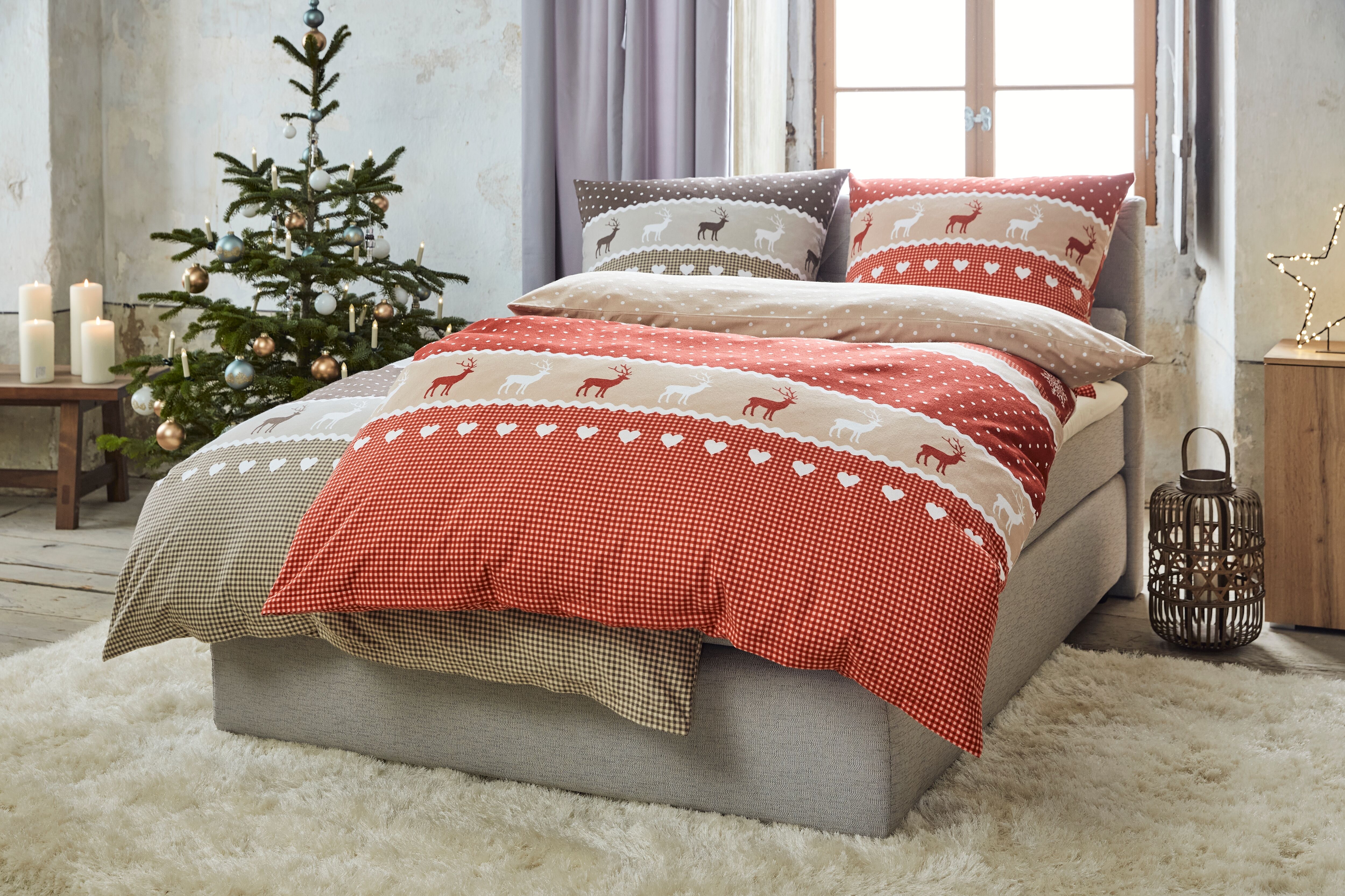 Bettwäsche CASATEX "Garmisch", rot, B/L: 155cm x 220cm, 1 Stk., 1 Stk., Biber, B/L: 80cm x 80cm, 2 Stk., Biber, Obermaterial: 100% Baumwolle, Bettwäsche, Bettwäsche, schöne Hirschmotive, Herzen und Schneekristallen rot B/L: 155cm x 220cm, 1 Stk., 1 Stk., 