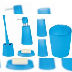 Spirella Badezimmer Set, 6-teiliges Badzubehör Move Seifenspender, WC Bürste, Seifenschale, Kosmetikeimer und Zahnputzbecher Hellblau