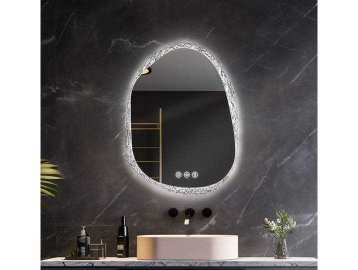 Miroir mural LED irrégulier pour salle de bain, miroir de maquillage rétroéclairé en verre cristallin pour le rasage, 3 réglages de couleur