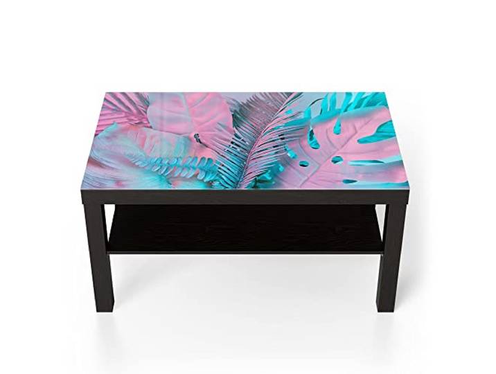 DEQORI Glastisch schwarz groß 90x50 cm Motiv Tropenblätter: Farbeffekt ausgefallener Beistelltisch aus Glas Hochglanz Couchtisch fürs Wohnzimmer moderner Couch Tisch mit Design