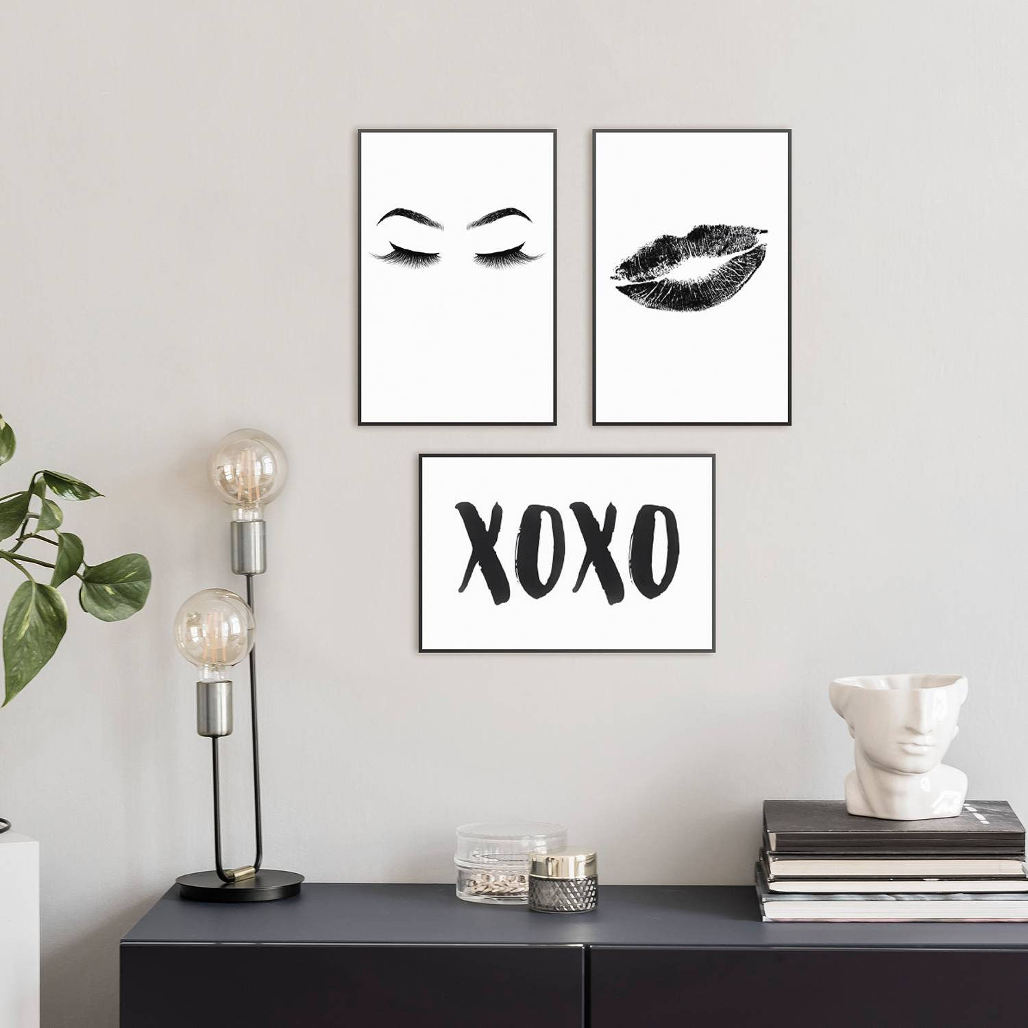 home24 Set van 3 abstracte afbeeldingen Feminin, zwart, MDF
