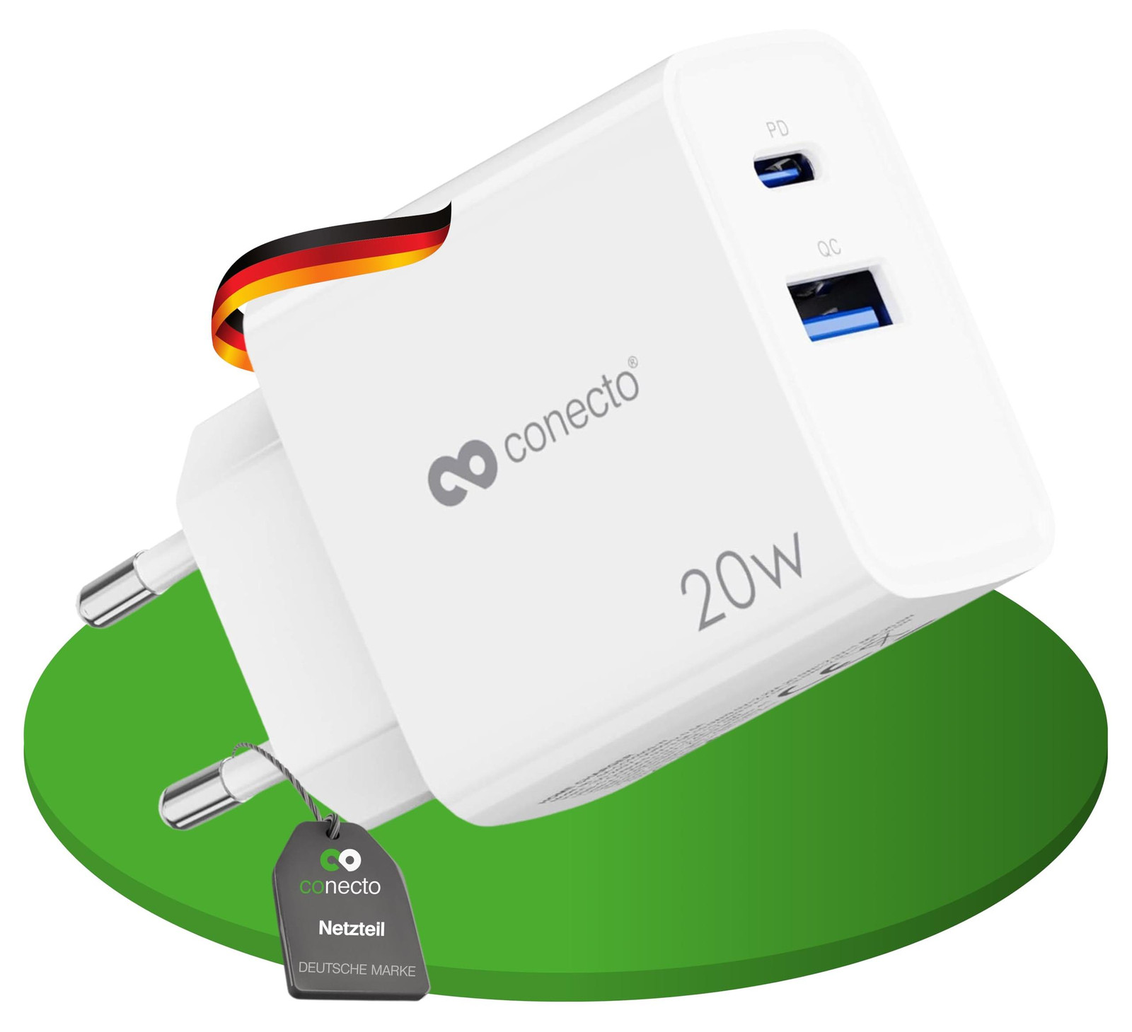 Conecto USB-C netadapter 20W snellader met PD en QC, wit