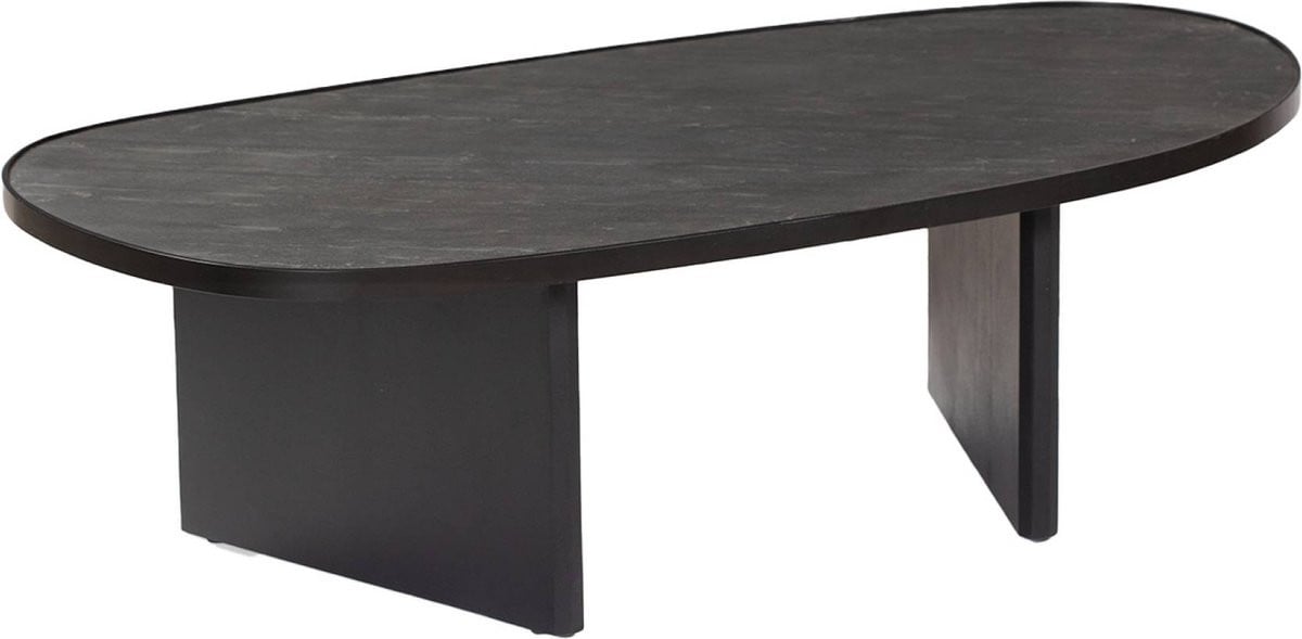 Sweeke ovale salontafel van mangohout en steenfineer met metalen rand