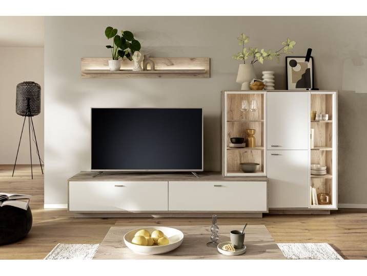 Wohnkombination Santerno 2 , Soft white / Viking Oak , 3-teilig , LED Beleuchtung