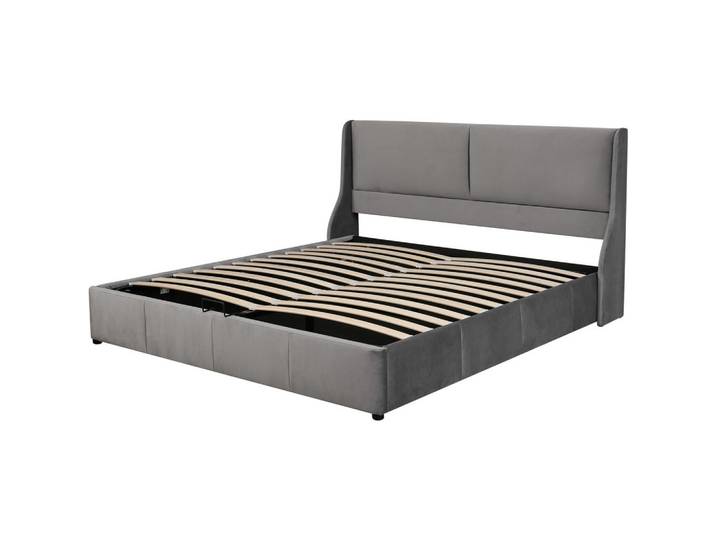 Stilvora Polsterbett 180/200 cm in Grau Samt mit Bettkasten und Ohrform-Kopfteil, 180x200 cm, Schlafzimmer, Betten, Polsterbetten