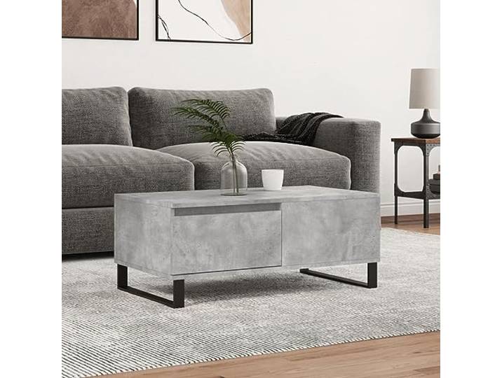 TEKGHUT Couchtisch Betongrau 90x50x36,5 cm Holzwerkstoff mit Schublade Mit Schublade, Metallbeine, feuchtigkeitsbeständig, pflegeleicht, moderne Optik, stabil
