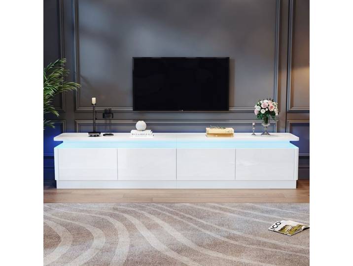 Merax Meuble TV avec 4 Tiroirs pour Centre de Divertissement avec Lumières LED 180cm Banc TV Blanc avec Gestion des Câbles