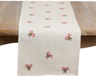 Saro "Candy Cane Embroidered Holiday Table Runner - Festive Dining, Entertaining, Holiday Decor, & Winter Tablescapes - 16""x70"""