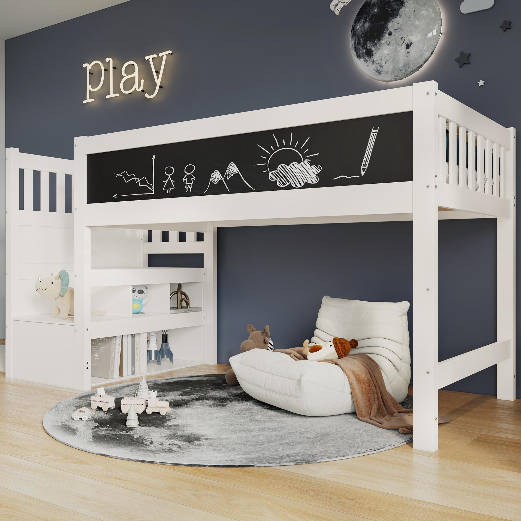 Merax Kinderbett 90x200cm mit Whiteboard und Tafel, Hochbett mit Stauraum-Treppe und Rausfallschutz, Jugendbett mit Lattenrost, Massivholz, Weiß