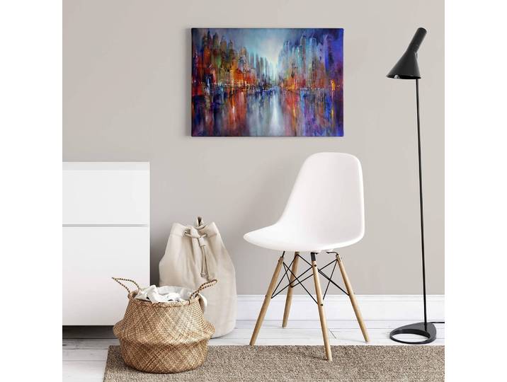 home24 Afbeelding City On The River polyester PVC/sparrenhout blauw 70 x 50cm