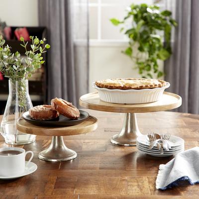 ARCILLA ELEMENTAL Brown or Dark Brown Mango Wood Decorative Cake Stand with Silver or Gold Aluminum Base (Set of 3)