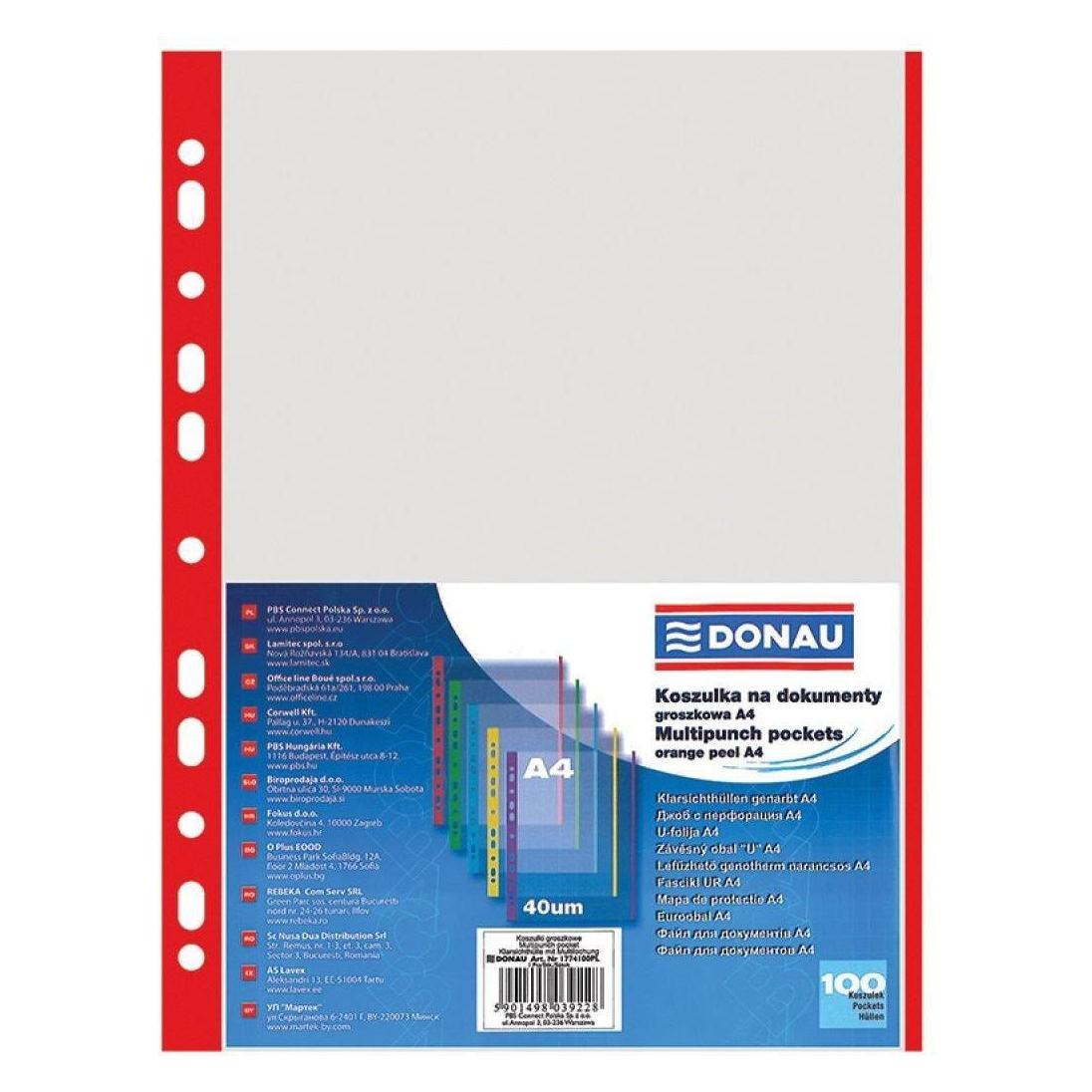 Donau Hüllen für Dokumente PP, A4, Kristall, 40 Mikron, farbiger Rand - rot, 100 Stück. (A4, 100x) (1774100PL-04)