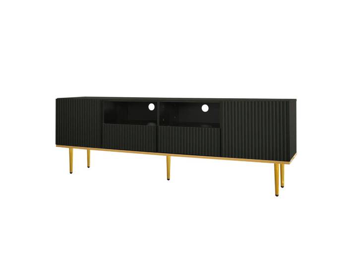 Modenvie Lowboard 165/36/55 cm aus Holzwerkstoff mit grifflosen Türen und goldfarbenen Beinen Schwarz, 165x55x36 cm, Wohnzimmer, TV Möbel, Lowboards, Lowboards stehend