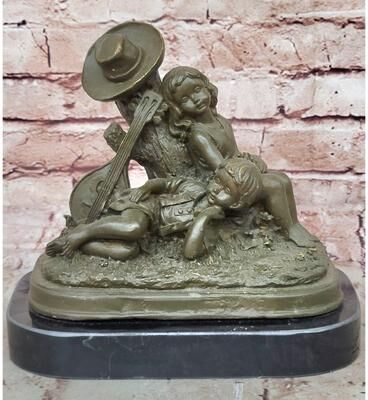 Bronzhaus Bronze Children Resting Sculpture – Boy And Girl Figurine With Guitar And Hat