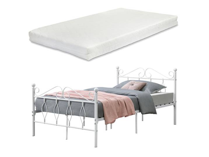 [en.casa] Metallbett Apolda mit Matratze, Weiß, Textil, 120x200 cm, Schlafzimmer, Bett, Metallbetten