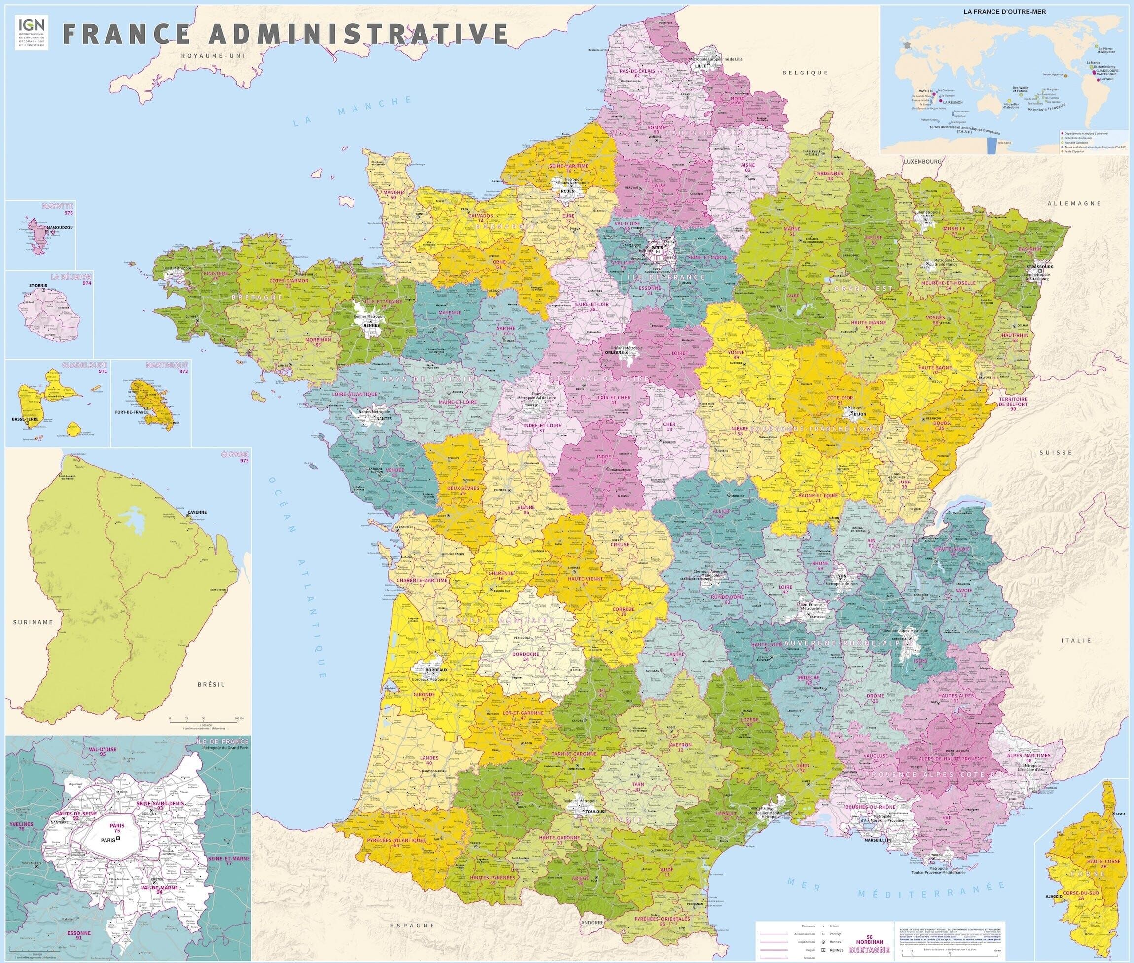 Poster plastifié - France administrative, nouvelles régions (98 x 113 cm)   IGN