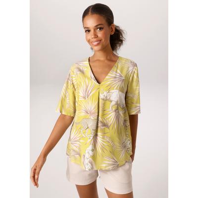 Schlupfbluse ANISTON CASUAL, Damen, Gr. 40, gelb (limette, wollweiß, khaki, taupe, apricot), Web, Obermaterial: 100% Viskose, bedruckt, geblümt, figurumspielend hüftlang, V-Ausschnitt, weit, Blusen Schlupfbluse, mit Blättern, Nashörnern und Geparden...