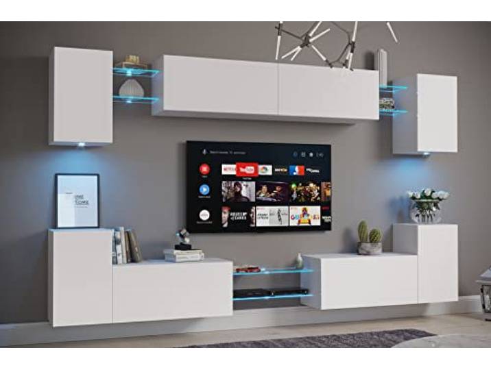 Furnitech Wohnwand Wohnzimmer Möbel mit LED RGB - 16 Farben Hängend Modern Schrankwand mit Regale und TV Schrank (Nairobi D40-M-W16 MATT)
