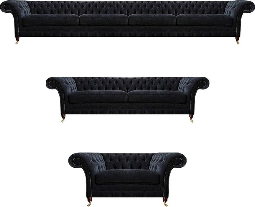 Chesterfield Zwarte Textiel Zitbank Set met Vierzitter en Tweezitter Sessel