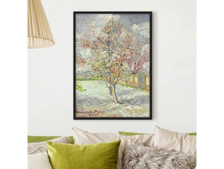 Tableau van Gogh, Pêcher en fleurs Papier Cadre : placage en bois véritable Pin Vert 70 x 100cm