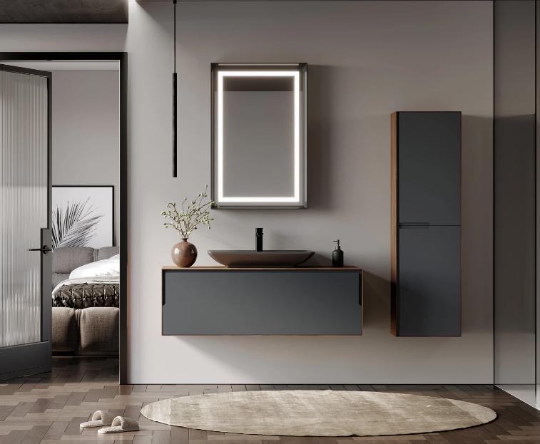Orka | Badezimmermöbel Set - 120 Cm - Anthrazit - Modernes Design - Inklusive Spiegel Und Waschbecken - lautloses Schließen