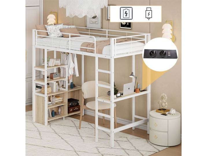 DRIPEX Lit Mezzanine en fer 90×200cm avec bureau prise USB Lit surélevé avec étagères Armoire de rangement Blanc
