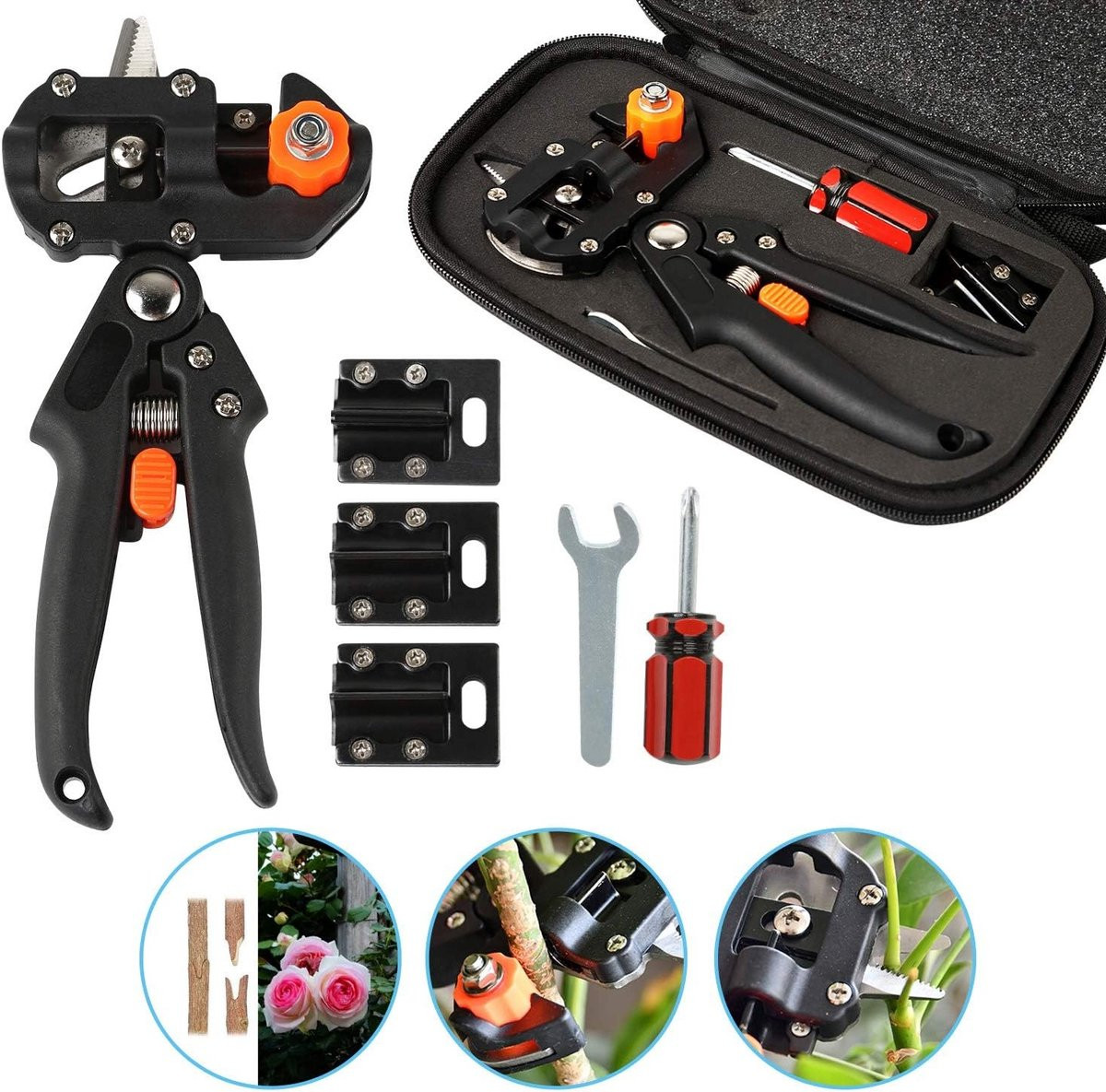 Professionele tuingereedschapset voor professionals met snoeischaar, graftang, Omega-Cut U-Cut en opvangzak in zwart