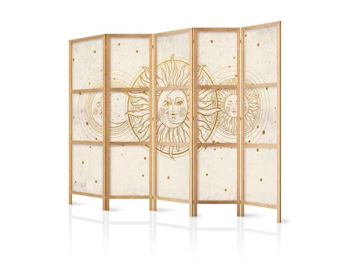 Muralo Paravent Japanischer 5-tlg 225x172 cm Monde Und Sterne, Beige, Holz, Pinie, Galaxis, Rechteckig, 225x172x3 cm, Wohnzimmer, Raumteiler, Paravents
