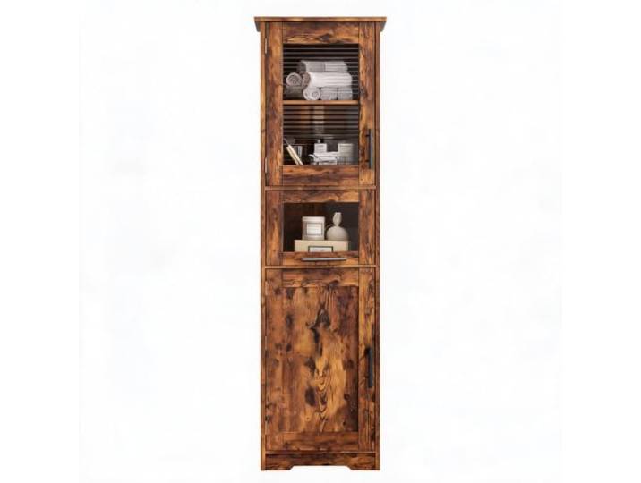 Koioplie Schmaler Flur-Aufbewahrungsschrank 170 cm freistehend 2 Glastüren, Schublade, 5 Fächer, verstellbare Einlegeböden, feuchtigkeitsresistent, Kippschutz – Retrofarbe, Single Row