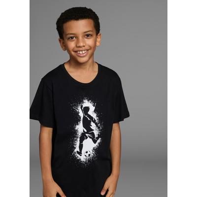 T-Shirt KIDSWORLD "Mit lässigem FUSSBALLER - Druck", Jungen, Gr. 152/158, schwarz, Jersey, Obermaterial: 100% Baumwolle, bedruckt, Basic, Rundhals, Shirts T-Shirt, Kurzarm, Basic-Passform, mit stylischem Druck, Rundhalsausschnitt