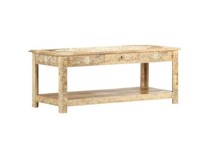 Tmriohed Couchtisch Massivholz Mango Beistelltisch Braun 110x50x45 cm Rustikaler Wohnzimmertisch aus Mangoholz mit Schublade und Ablagefach für zusätzlichen Stauraum im Vintage Design.