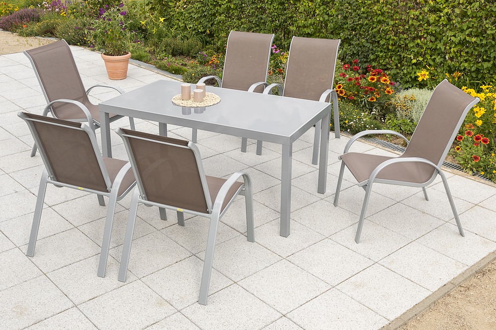MERXXHANDELS Amalfi Set 7tlg 6 Sessel taupe Tisch 150x90cm 16909442
