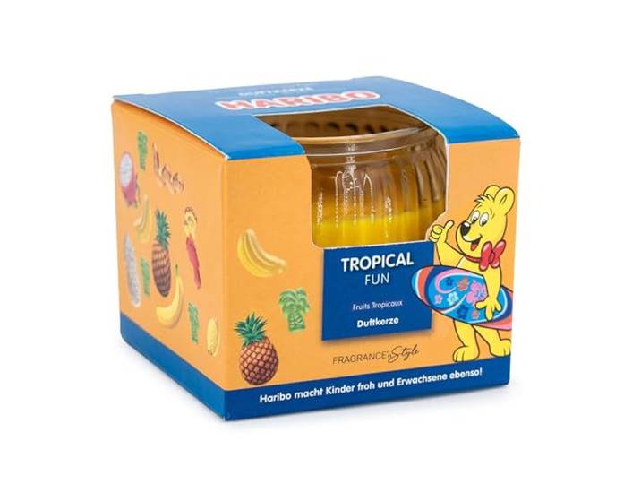 Bougie parfumée Haribo™ 85 g\, H x D : 6\,5 x 8 cm\, en verre\, cire de paraffine\, idée cadeau\, orange