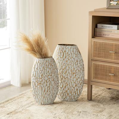 Glitzhome Set of 2 Metal Gold & White Oval Textured Floor Vases
