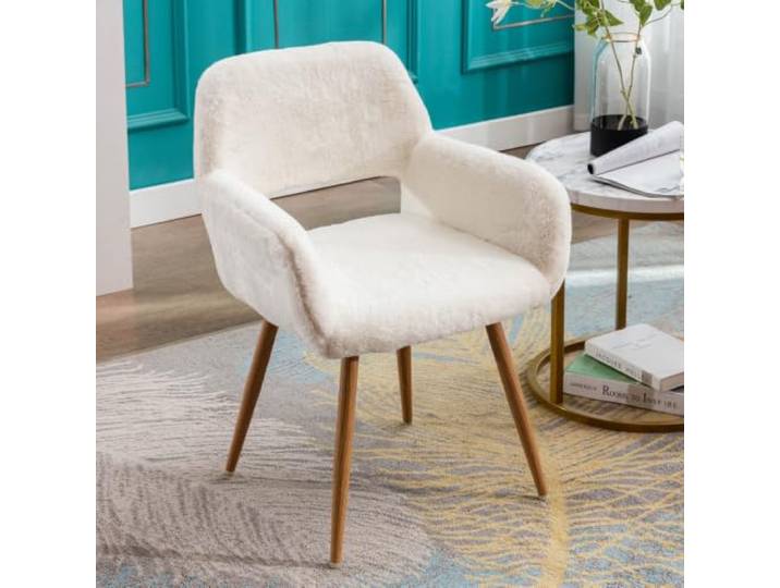 I0I&I0I HengMing Esszimmerstühle Mit Kunstfellbezug Stabilen Stahlbeinen Für Esszimmer, Küche Und Wohnbereich (White + Faux fur)
