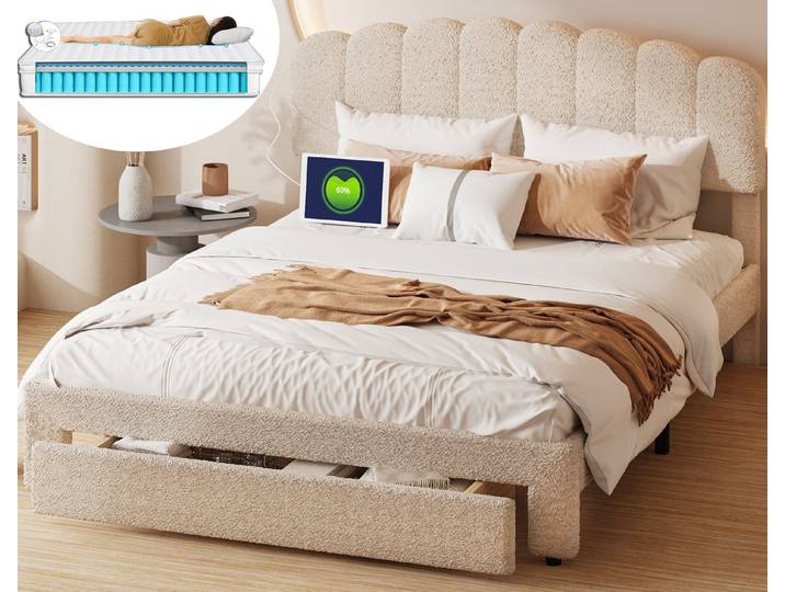 ADWOLT Polsterbett Doppelbett Stauraumbett mit USB+TYPE-C (Packung, 1-tlg., Jugendbett), 140x200 cm,Mit Matratze,Schublade am Ende des Bettes,Plüschstoff-Beige