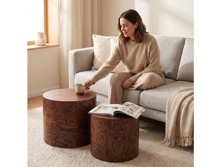 WUVRIE Table basse ronde emboîtable lot de 2 effet bois marron style campagne sans montage