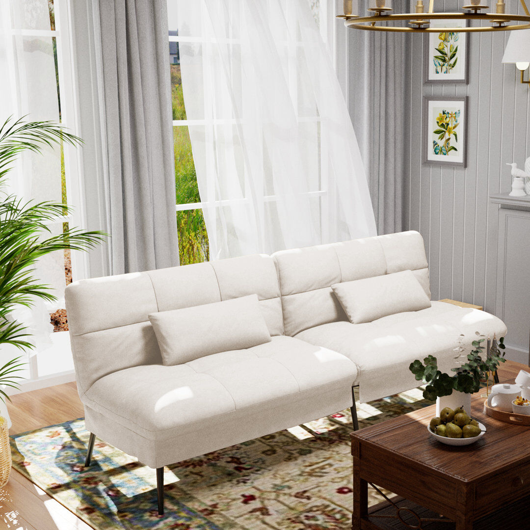 Corrigan Studio Richas Convertible Futon Sofa Bed, 68″Fabric Futon Couch with Adjustable Backrest, Loveseat Futon Sleeper Recliner for Living Room Furniture Beige 74cm H X 182cm W X 102cm D
