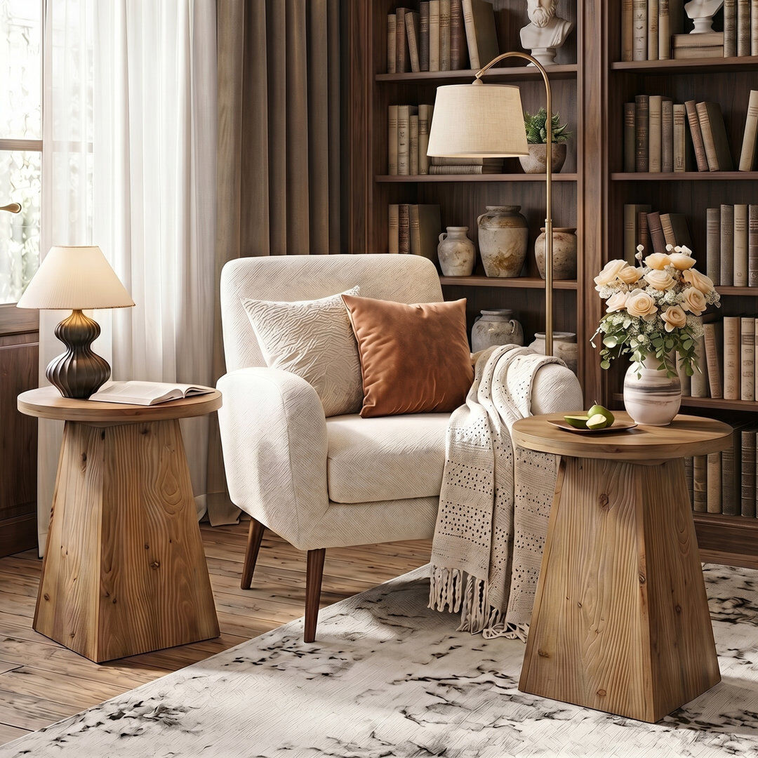 Blue Elephant Solid Wood Top Pedestal Round Side Table Vintage Brown 58.98cm H X 47.75cm W X 47.75cm D