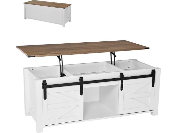 VEVOR Table basse Lift Top 120 cm\, table basse rustique avec porte de grange & compartiment de rangement caché\, plateau de table élévatrice rectangulaire moderne pour le salon bureau maison\, table de salon table basse blanche