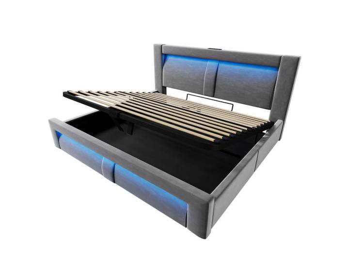 Oxeza Polsterbett 140/200 cm Grau mit Stauraum, LED-Beleuchtung, USB und Type-C-Ladeanschlüsse, Rechteckig, 140x200 cm, Schlafzimmer, Betten, Polsterbetten