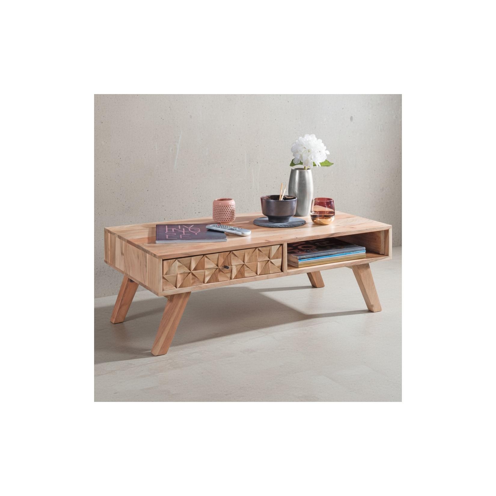 KADIMA DESIGN Moderner Landhaus-Stil Couchtisch, massives Holz, Schublade, Ablagefach, 95x35x50 cm