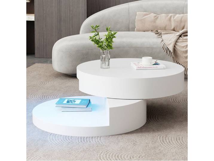 Table Basse Cylindrique Blanche Table De Salon Pivotante FloraGrace Pour Salon Pivotante 360° 70x70x35 5cm