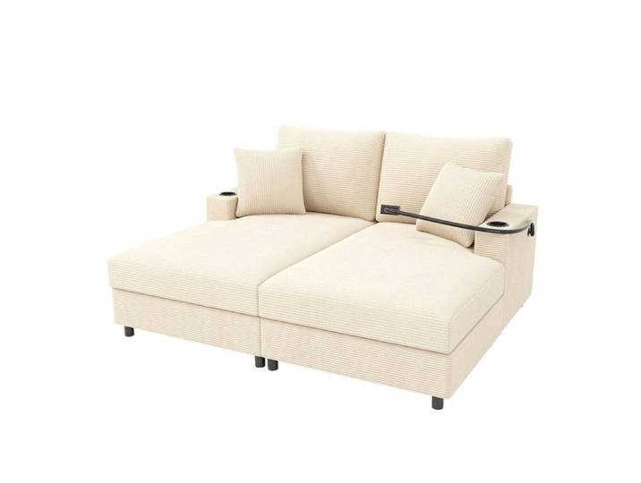 Canapé-lit 2 places beige – Inclinable accoudoirs avec port USB support phone et porte-gobelet–pour salon chambre home cinéma