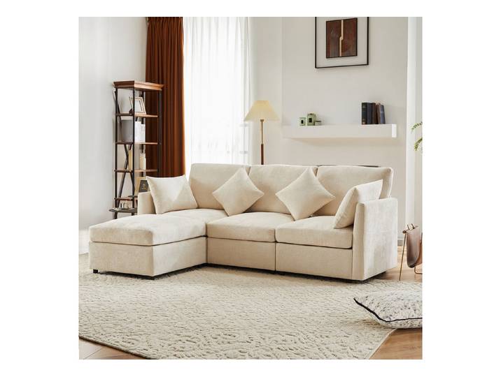 Merax Ecksofa mit Fußhocker und 4 Kissen, 3-Sitzer Sofagarnitur, modulare Couch aus Chenille-Stoff