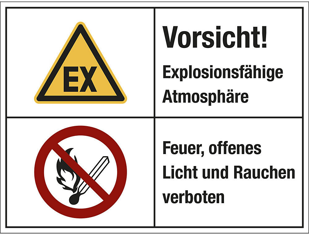 kaiserkraft Kombischilder, Vorsicht! Explosionsfähige Atmosphäre / Feuer, offenes, Licht und Rauchen verboten, VE 10 Stk, Folie, LxH 200 x 150 mm