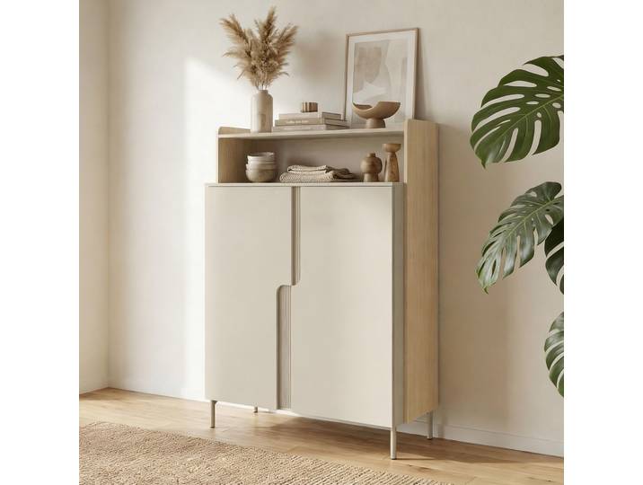 BEAUTYSOFA Highboard POSITIVO Kommode Macadamia & Eiche Mavelie 103,2 x 160 x 42 cm – Moderne Kommode 2 Türen mit Tip-On-System und 1 offenes Fach