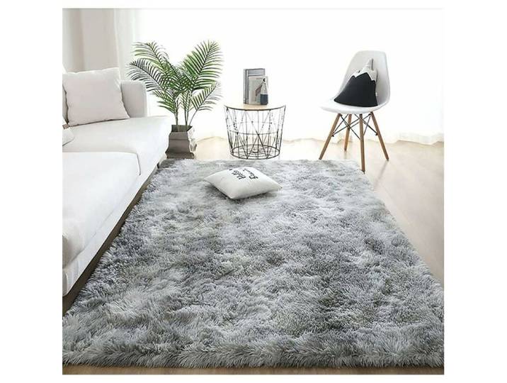 Tapis salon grand 160x200cm shaggy doux lavable décoration maison blanc gris